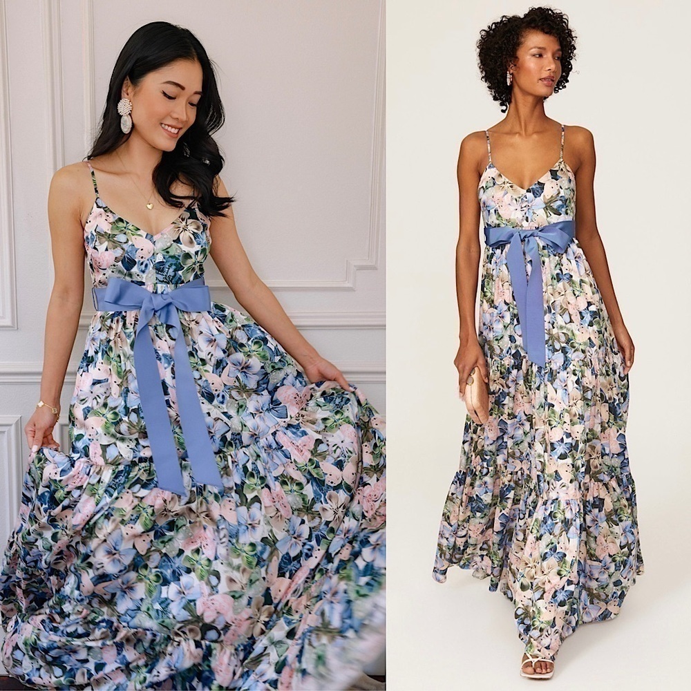 BADGLEY MISCHKA Butterfly Sleeveless Bow Tie Waist Tiered Ruffle Hem Maxi Gown 4